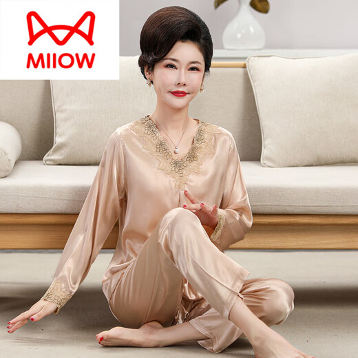 猫人（MiiOW）妈妈睡衣女2025年新款舒适夏季长袖中老年人丝绸家居服套装可外穿 683浅粉（长款款） M 建议80-95斤