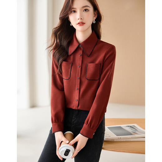 Recommended outfits for the coming winter: red and black stitching design, niche fashion slimming petite women’s shirt 11 red M