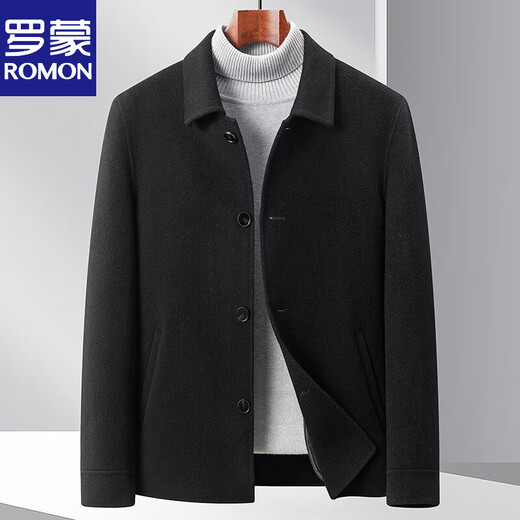 ROMON high-end 2025 spring and autumn pure wool men's lapel double-sided woolen jacket woolen coat short coat black 2XL