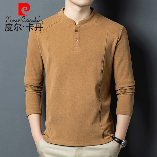 Pierre Cardin 2025 Autumn and Winter Double-sided German Velvet Bottoming Shirt Men's Henley Collar Trendy Versatile Long Sleeve T-Shirt Stand Collar Sweatshirt Men White D509 2XL