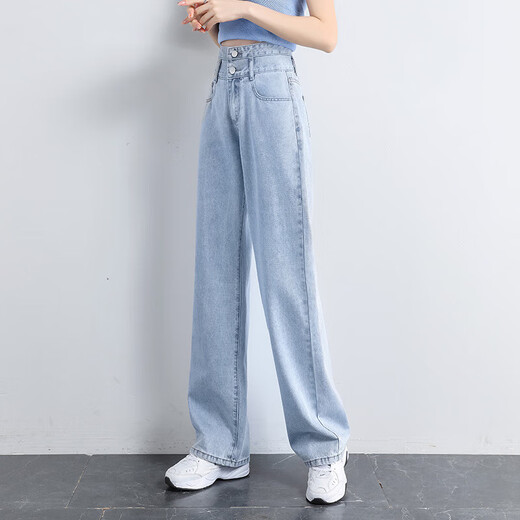 延芮高腰阔腿牛仔裤女新款显瘦直筒宽松垂感拖地春秋长裤牛仔裤 6218浅蓝色加长 M