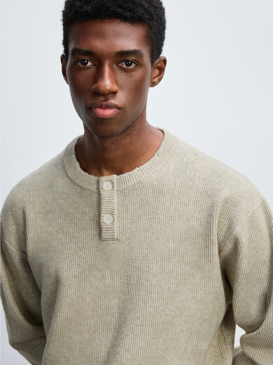 CHINISM Shopping Mall Same Style Chichen Anti-pilling Slightly Loose Henley Collar Sweater Winter Men's Knitted Sweater Black S