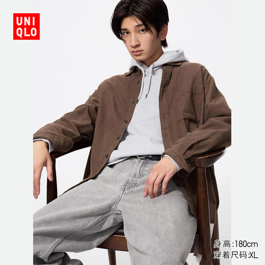 优衣库男装/男女同款法兰绒衬衫/长袖衬衣休闲纯棉薄外套478118 480773/37栗色 L /175/100A