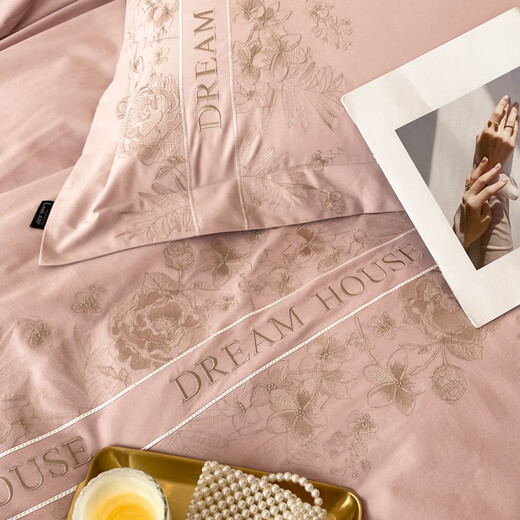 Mercury Series 200 Count Class A maternal and infant grade thickened cotton brushed four-piece set 100 pure cotton floral embroidered quilt cover bedding Hongtao - Class A pure cotton brushed 2.0m bed sheet style four-piece quilt cover 220x240cm