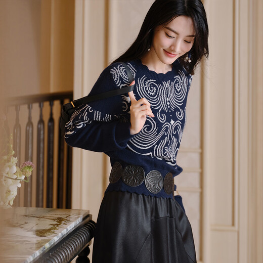 EP Yaying Blue Label Series | Temperament Knitted Jacquard Ethnic Blue Pullover Cardigan Sweater 2025 Winter New Style 9520A White L