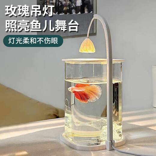 Glass small fish tank, thickened ice crystal tabletop ornaments, ornamental atmosphere lamp, creative tank, ecological fighting fish tank, pearl crushed diamond landscape tank, high-definition ecological fish tank landscaping complete set, upgraded square rounded corner fish tank + light