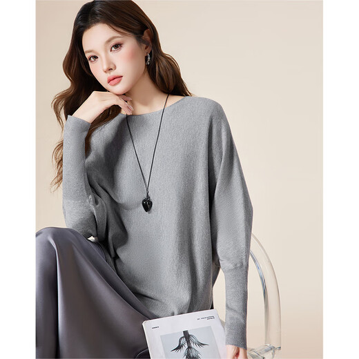 IEF/Aiyifu 2025 autumn new product lazy and relaxed sweater women's casual long-sleeved pullover woolen bat shirt gray one size