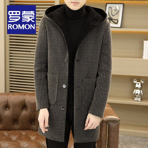 ROMON gold mink hooded woolen coat men's autumn and winter trendy casual mid-length windbreaker jacket thickened woolen coat 2355 gray L about 105-120 Jin Jin equals 0.5 kg can be worn