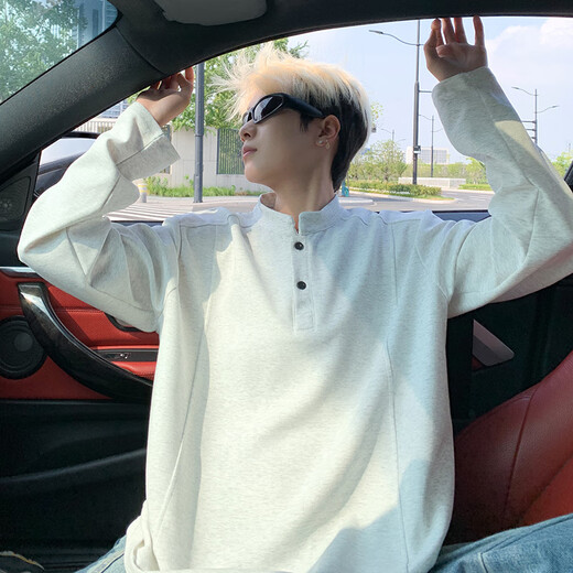 Goudreau American Henry Collar Sweatshirt Men's Autumn New Youth Stand Collar Right Shoulder Bottoming Shirt Business Casual Long Sleeve Top White Gray M