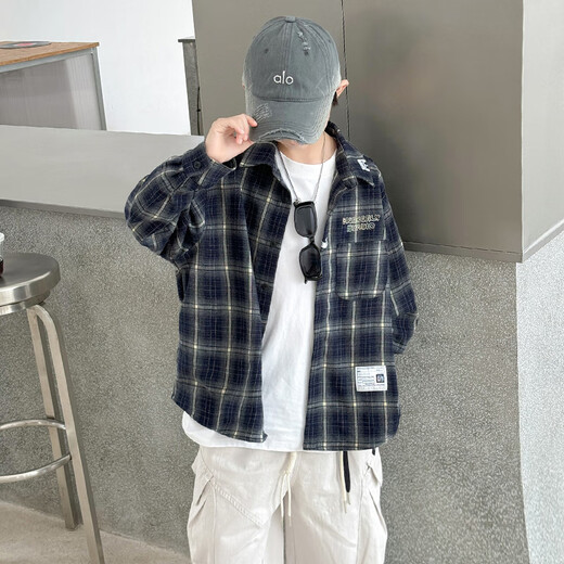 Xizai Pier Children's Clothing Boys' Shirts Spring and Autumn New Style Medium and Large Boys Casual Plaid Shirt Cardigan Thin Jacket Versatile and Trendy Navy 160