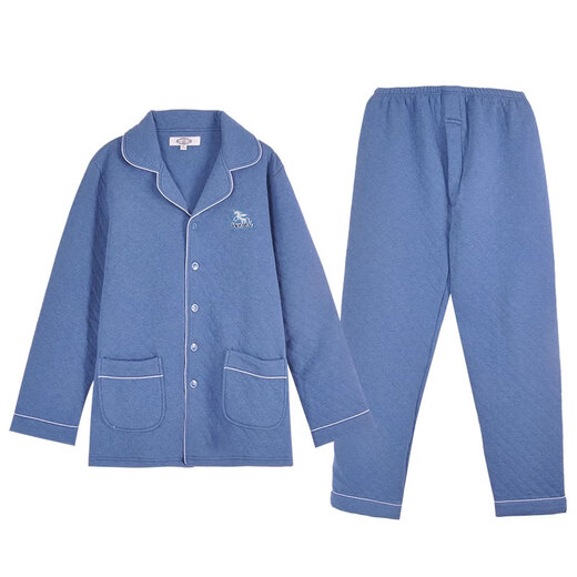 American Standard thickened and warm couple's long-sleeved pajamas autumn and winter quilted simple home wear set gray blue L
