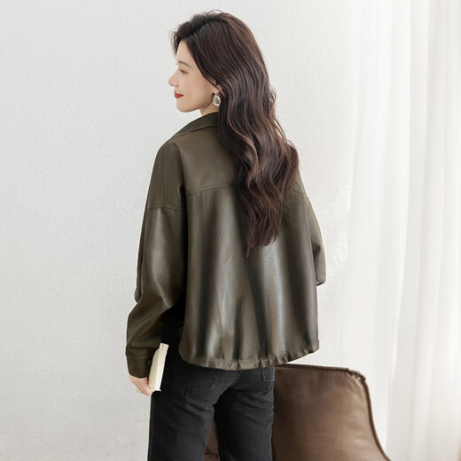 丝柏舍翻领长袖宽松外套女2025秋装新款复古气质短款简约皮衣