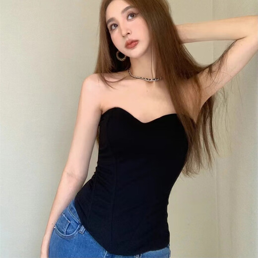 Body-shaping fishbone breast-wrapped women's vest, sexy high-waisted, slim-fitting European and American fashion, with built-in breast pads, anti-slip strips, tube top bra, black XS