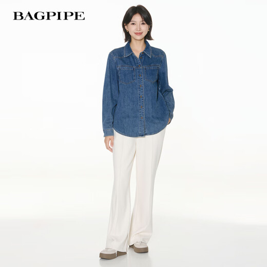 Bagpipe Bagpipe 2025 Autumn New Dark Blue Retro Denim Shirt Women's Layered Small Shoulder Soft Top Denim Lan XS 150