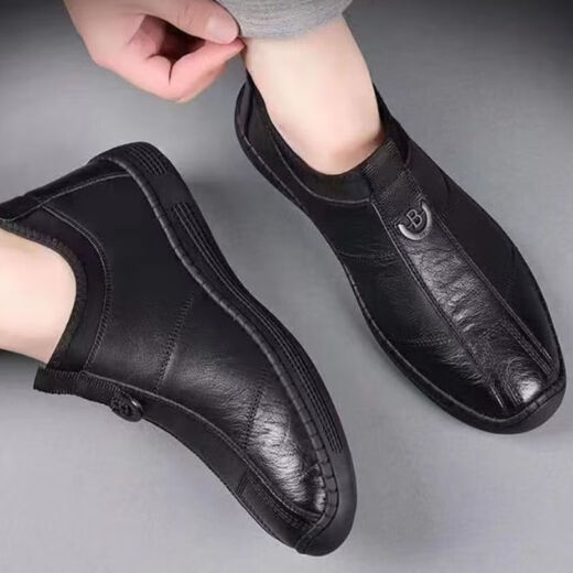 Single cotton same style winter beanie shoes for men, business casual leather shoes, soft sole, non-slip, velvet, warm, lazy one-leg P-5 black, velvet style 43