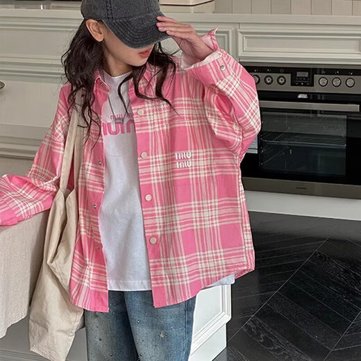 Girls Spring and Autumn Plaid Shirt 2025 New Autumn Korean Children's Shirt Jacket Girls Older Long Sleeve Top Trendy Pink 150