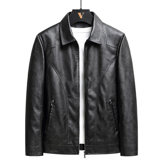 Classic car black leather jacket men's spring and autumn casual lapel trendy handsome jacket plus fat plus size fat man winter coat black regular M