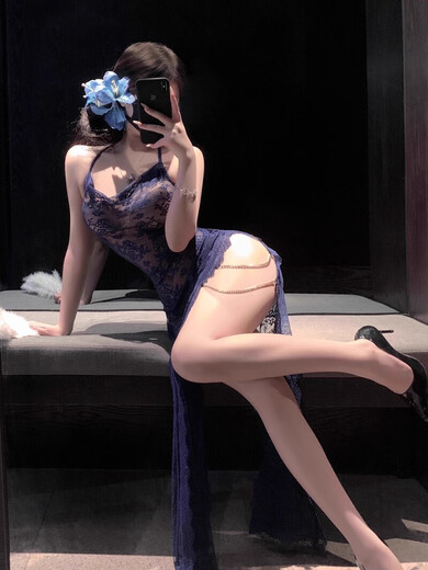 Kuangmo sexy qqny pajamas long lace transparent temptation looming cheongsam long skirt large size love and fun underwear blue nightgown + T pants one size fits all recommended 80-120 Jin Jin equals 0.5 kg
