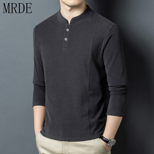 MR.DE Xialuo light luxury brand men's clothing 2025 autumn and winter double-sided German velvet bottoming shirt men's Henry collar versatile long-sleeved sweatshirt gray M 165 suitable for 90-115 Jin Jin equals 0.5 kg