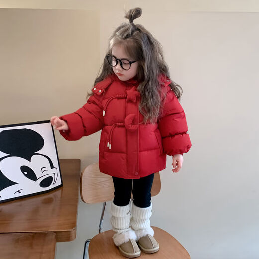 女童冬季新年棉服2024新款月亮棉衣儿童过年拜年服女宝宝红色棉袄 红色 90 90cm