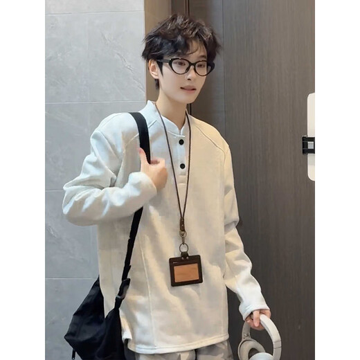 Katuchi plus velvet right shoulder Henry collar POLO shirt deconstructed splicing sweatshirt men's winter trendy brand bomber jacket high street top white gray plus velvet style XL