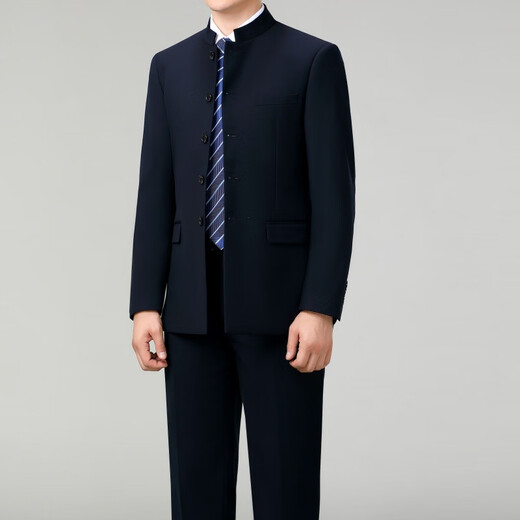撒SEVEN 7Qi brand Chinese tunic men's wool suit middle-aged dad's suit stand collar suit Chinese wedding banquet business casual suit 5532 Navy blue L 175/50 (pants can be matched at will)