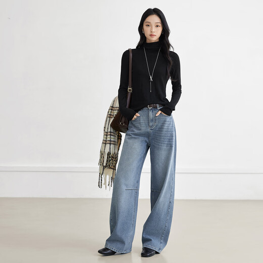 Dialogue (DUIBAI) cashmere + sheep wool solid color curled turtleneck sweater for women 2025 winter new knitted bottoming shirt, quiet black S