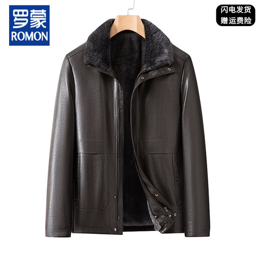 Luo Meng middle-aged and elderly men's leather jacket with velvet and thickened dad's clothing autumn and winter coat fur all-in-one velvet men's leather jacket jacket brown 4XL 195