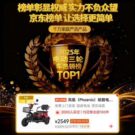 Phoenix Cool Electric Tricycle Home Small Elderly Walking Electric Vehicle Tricycle Elderly Leisure Battery Vehicle 600W丨48V24A Black Gold + Battery Life About 45 Kilometers