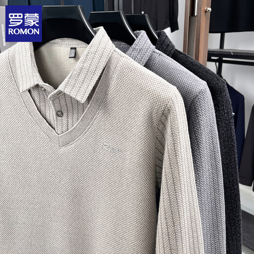 ROMON men's fake two-piece fleece sweater 2025 autumn and winter new warm imitation ferret velvet bottoming sweater men's top 222 camel XL (175) (recommended weight 125-140Jin Jin equals 0.5 kg)