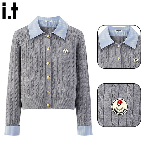 CHOCOOLATE it women's wool college style gray fake two-piece knitted cardigan for women 2025 autumn and winter spliced sweater jacket for women dark blue one size