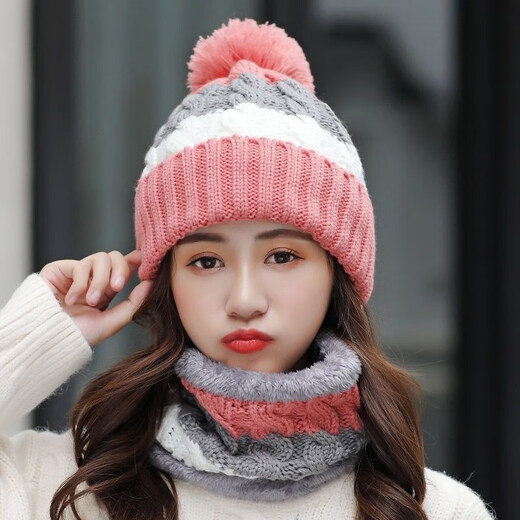 Woodpecker beautiful hat women's furry winter Korean style thickened knitted hat warm hat neck scarf windproof cycling ear protection woolen hat ++ acridine pink-single hat one size