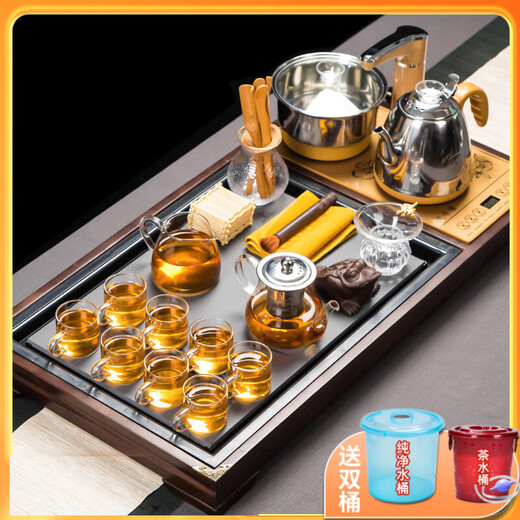 Porcelain brand tea set, tea set, tea tray, induction cooker, kettle, integrated table, automatic water kettle, tea table, tea table set, 34 pieces Konggu Orchid + Bajun tea set