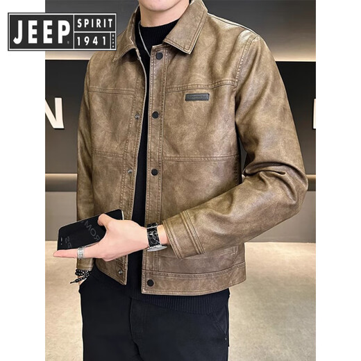 JEEP SPIRIT Jeep Amerikanische Modemarke Lederjacke Herren Herbst und Winter 2025 neuer samtverdickter Retro-trendiges Motorradleder Kaffeefarbe normal M 90-110Jin Jin entspricht 0,5 kg