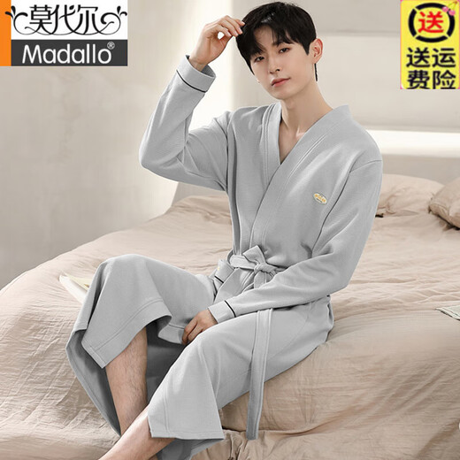 莫代尔华夫格浴袍男款春秋季纯棉中长款男士睡袍2025新款吸水一体式浴衣 LJ16822 M 【体重100-120斤】