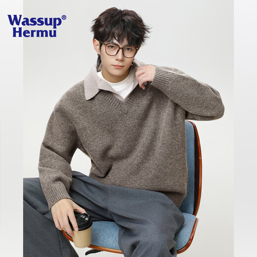 WASSUP HERMU official pullover men's autumn and winter old money style fake two-piece polo collar sweater warm jacket Swire Gray XL (recommended 135-155Jin Jin equals 0.5kg)
