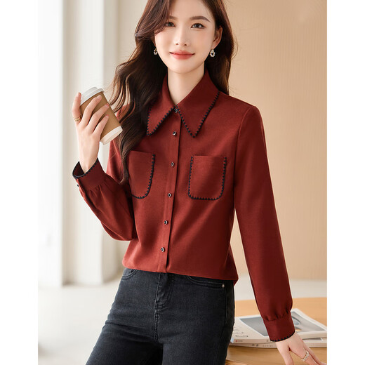 Recommended outfits for the coming winter: red and black stitching design, niche fashion slimming petite women’s shirt 11 red M