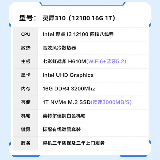 Intel Lingxi 310 desktop computer (i3 12100 16G 1T SSD business keyboard and mouse) WIFi6 commercial office machine mini single host