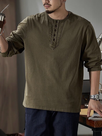Yibaike American Henley Collar Long Sleeve T-shirt for Men Loose 2025 Autumn Undershirt Men's Retro Casual Top Men Mocha Brown S (80-100Jin Jin is equal to 0.5kg)