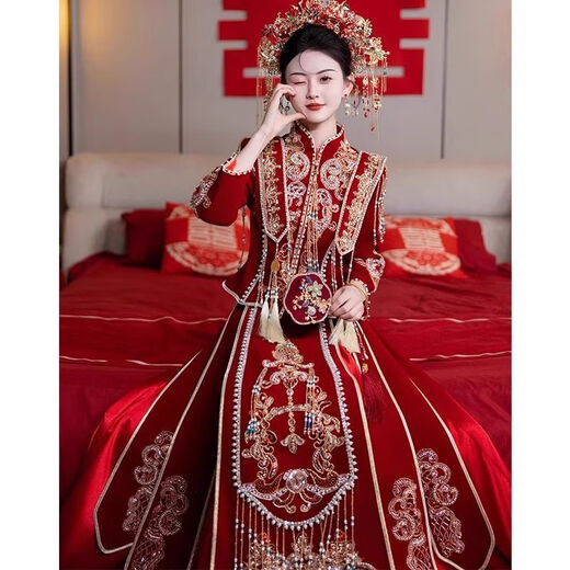 Yuandi Xiuhe dress bride 2025 new wedding Chinese style toasting dress small dragon and phoenix gown autumn tassel Xiapei upgraded version free butterfly headdress M