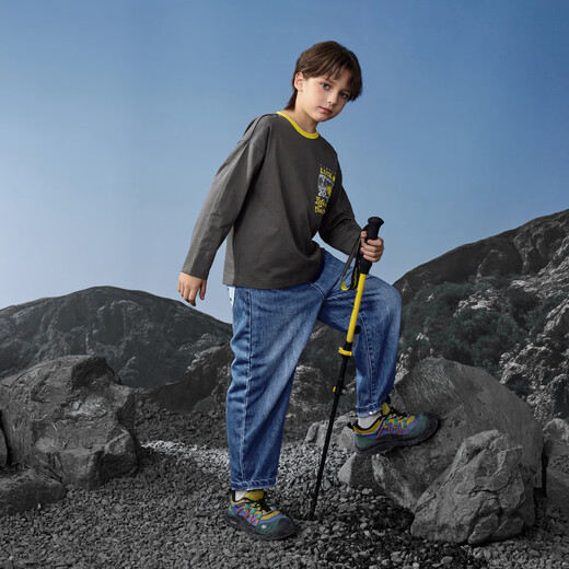 Ma Qidun (MQD) boys' new autumn outdoor camping and mountaineering inner with contrasting collar long-sleeved skin-friendly T-shirt, dark gray 150