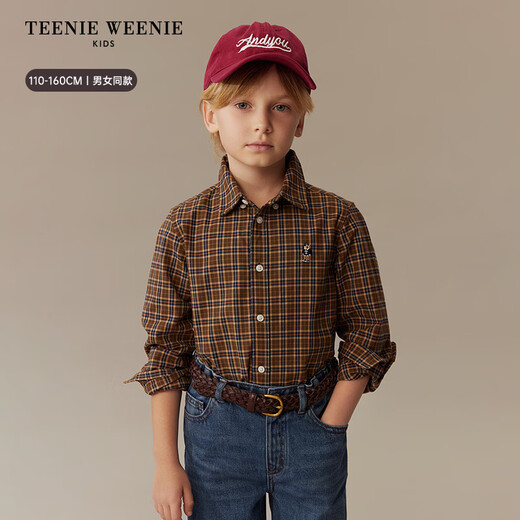 Teenie Weenie Kids 25th Autumn Boys and Girls College Long Sleeve Plaid Shirt Burgundy 120cm