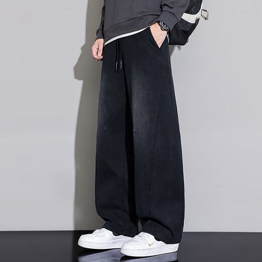 MiiOW 2025 Autumn New Scimitar Jeans Men's Loose Straight American High Street Fashion Brand Washed Casual Long Pants Black Gray 2XL