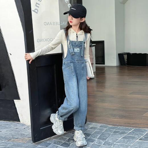 Overalls for women 2025 new little girls denim overalls trousers autumn 2024 children medium and large children one-piece pocket overalls + pit hoodie suit 130 cm recommended height 1.2c