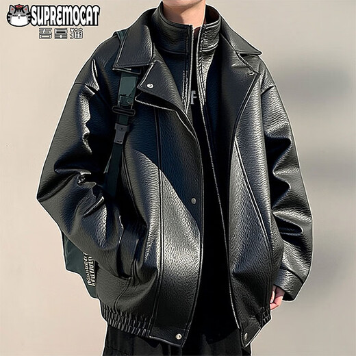 My Emperor Cat Autumn and Winter American New Style Retro PU Leather Lapel Casual Jacket Men's Fake Two-piece Jacket WJ13 Black L