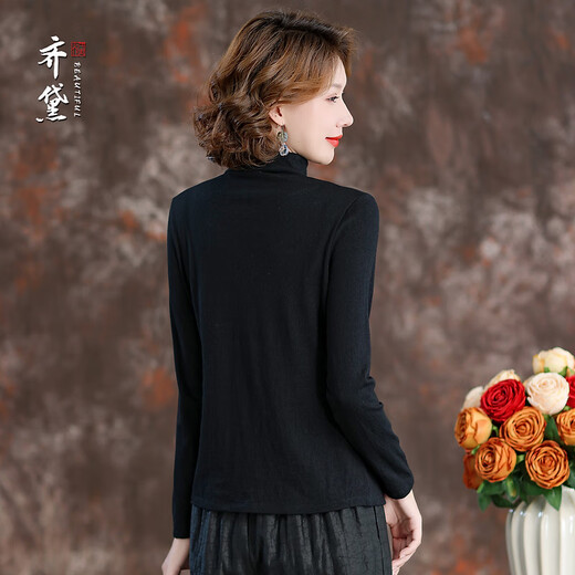 QUEDIT superfine wool bottoming shirt for women in autumn and winter new temperament long-sleeved sweater slim black sweater T-shirt black XL recommended 95-105Jin Jin equals 0.5 kg