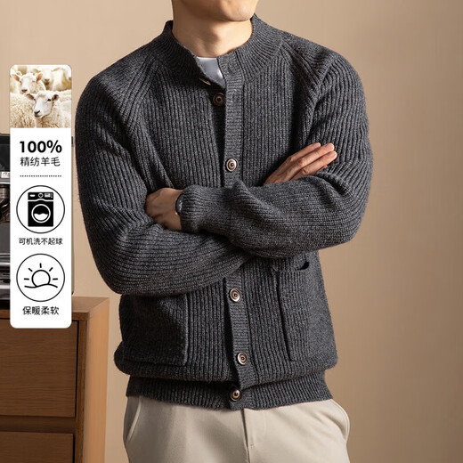 100% wool winter thickened men's cardigan button cardigan pocket 5108 dark gray L
