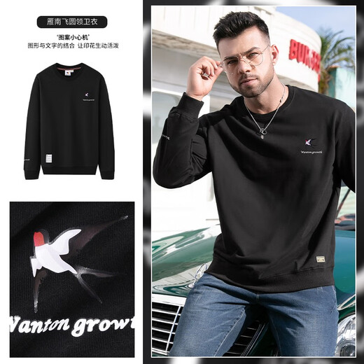 Fat Brother Plus Size Men's Round Neck Sweatshirt Men's Spring and Autumn Loose Fat Men's Clothing Plus Fat Plus Fat Heavyweight Long Sleeve Top Black Velvet Yan Nanfei 4XL (210-250Jin Jin is equal to 0.5 kg)