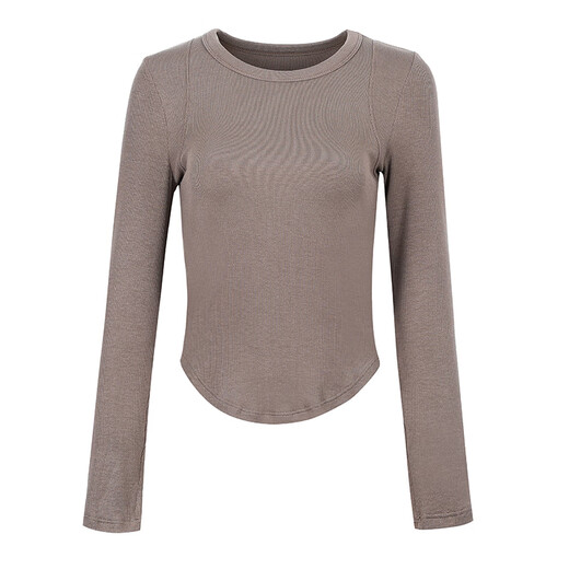 KEJIMITAO European and American ins sports long-sleeved T-shirt women's round neck yoga clothes slim fit breathable fitness Pilates quick-drying top hemp gray S recommended (85-98Jin Jin equals 0.5 kg)