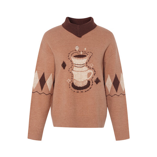Two or Three Things Morning Coffee Warmth 2025 Winter New Forest Style Coffee Pot Pattern Color Block Lapel Pullover Sweater Women Khaki S